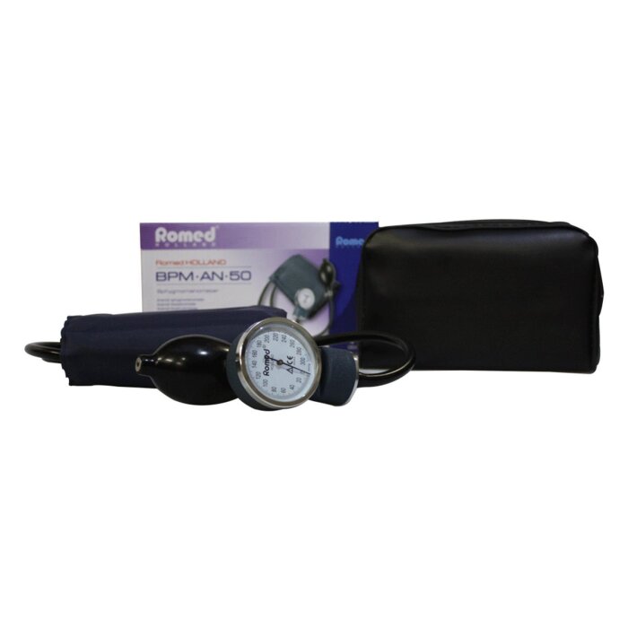 Romed Blutdruckmessgerät aneroid Sphygmomanometer mit Tasche + Flachkopf Stethoskop
